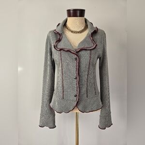 KARKASS Designer Shabby Chic Wool Blend Gray and Burgundy Ruffled Blazer. Size M